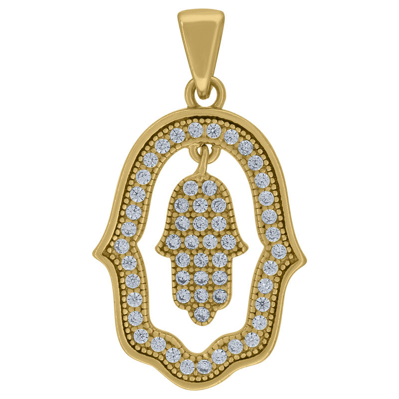 925 Sterling Silver Unisex Cubic-Zirconia Humsa Symbol Religious Charm Pendant