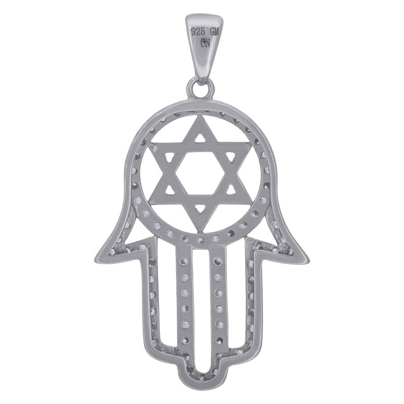 925 Sterling Silver Unisex Cubic-Zirconia Humsa Symbol Religious Charm Pendant