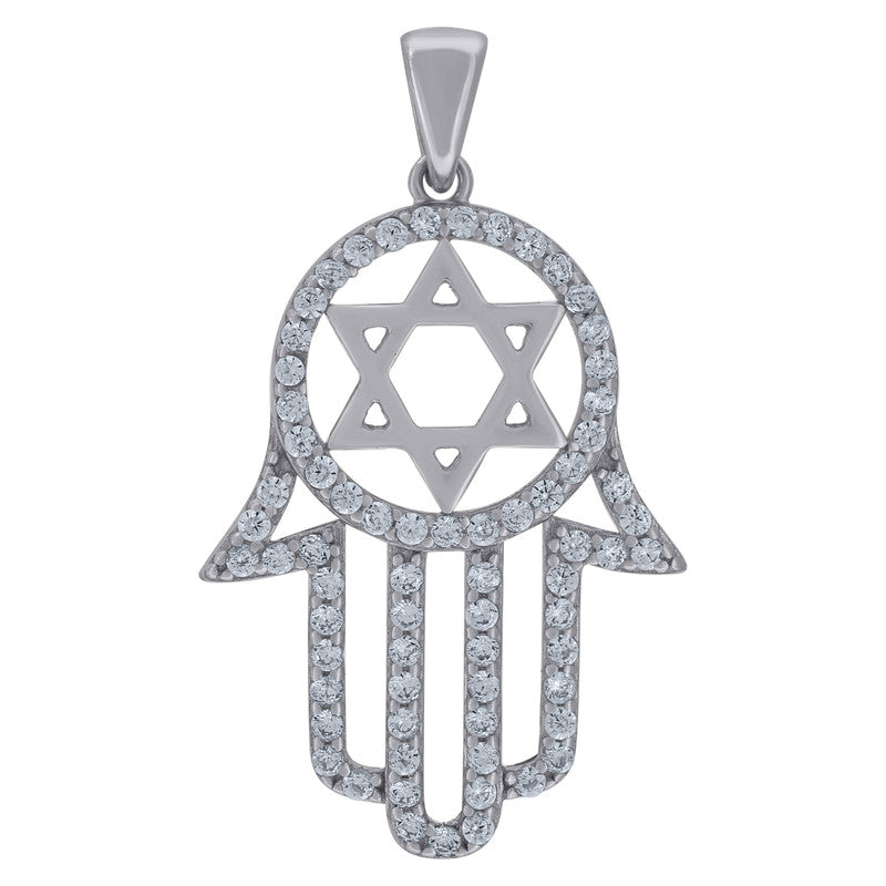 925 Sterling Silver Unisex Cubic-Zirconia Humsa Symbol Religious Charm Pendant