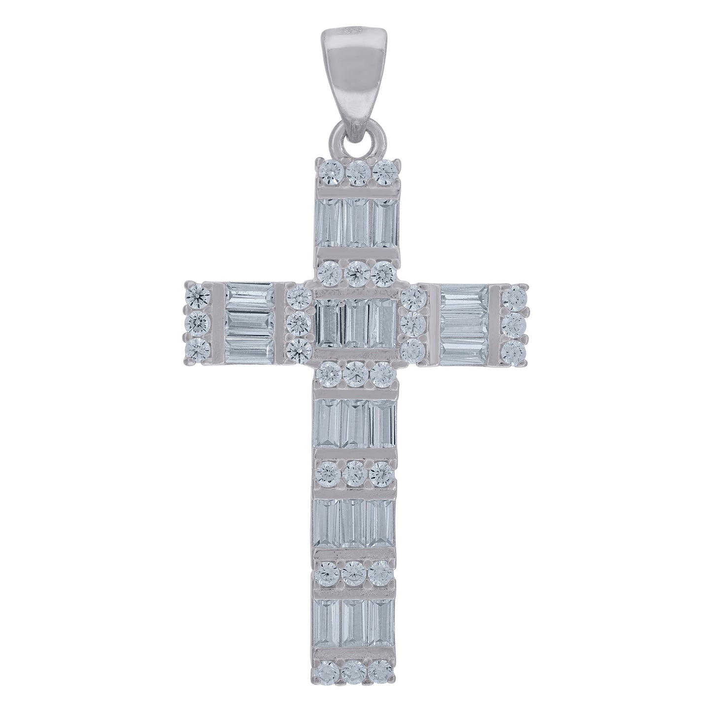 Sterling Silver Mens Baguette Cubic-Zirconia Cross Religious Charm Pendant