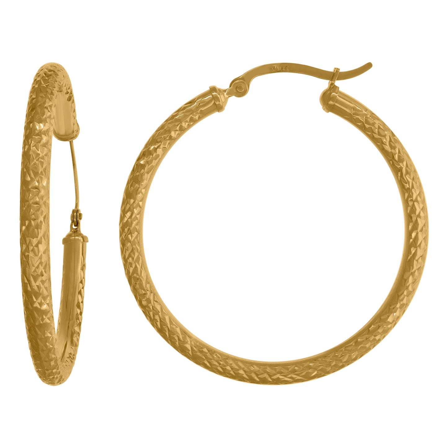 14K Yellow Gold Womens Diamond-Cut Faceted Hoop Earrings