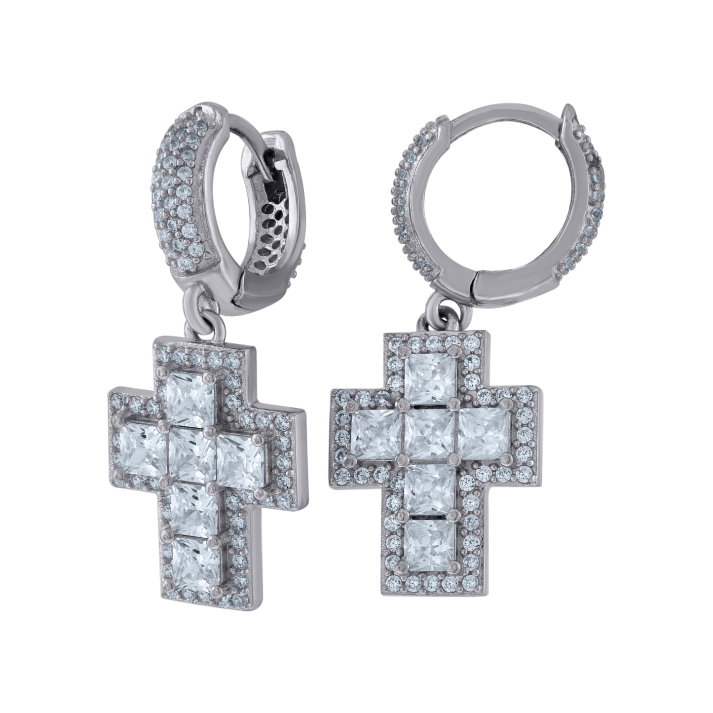 Sterling Silver Unisex Princess-Cut Cubic-Zirconia Cross Religious Dangle Hoop Earrings