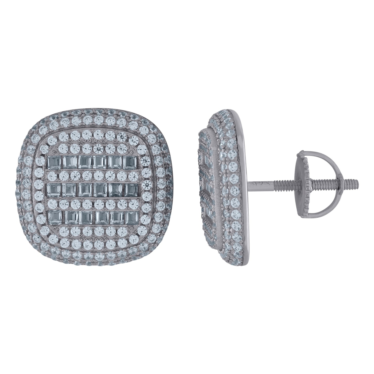 Sterling Silver Unisex Baguette Cubic-Zirconia Square Fashion Stud Earrings