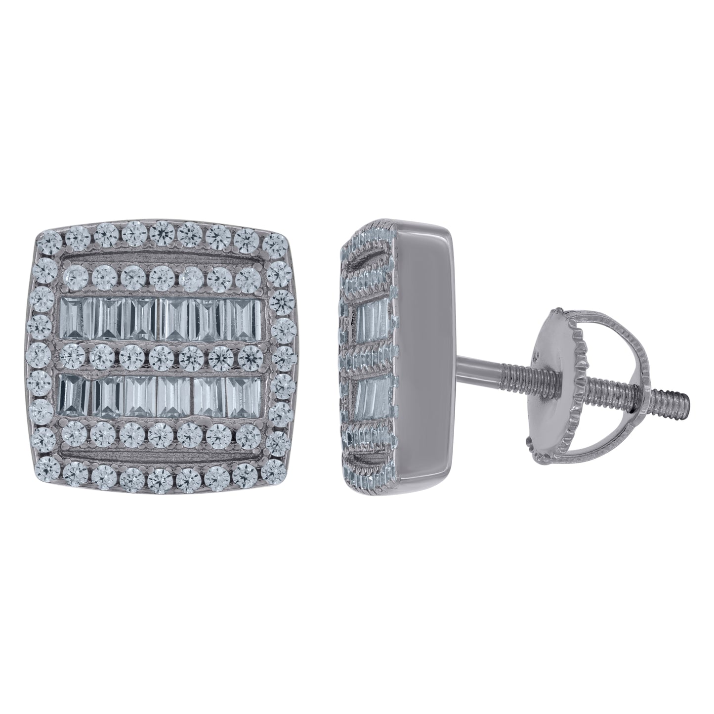 Sterling Silver Unisex Baguette Cubic-Zirconia Square Fashion Stud Earrings