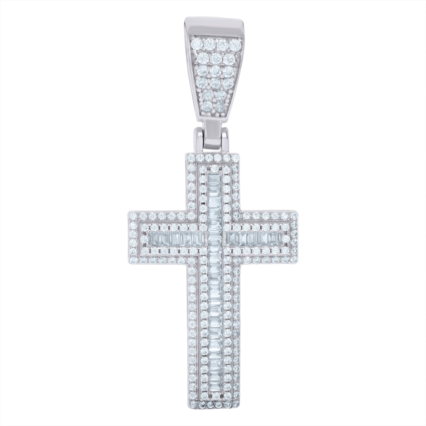 Sterling Silver Unisex Round Baguette Cubic-Zirconia Cross Religious Charm Pendant