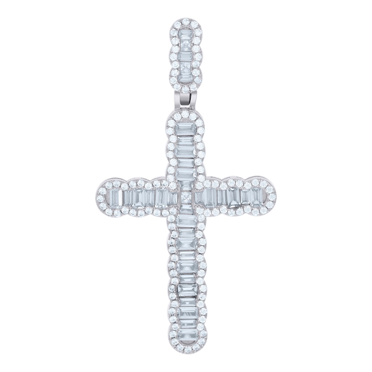 Sterling Silver Mens Baguette Round Cubic-Zirconia Cross Religious Charm Pendant