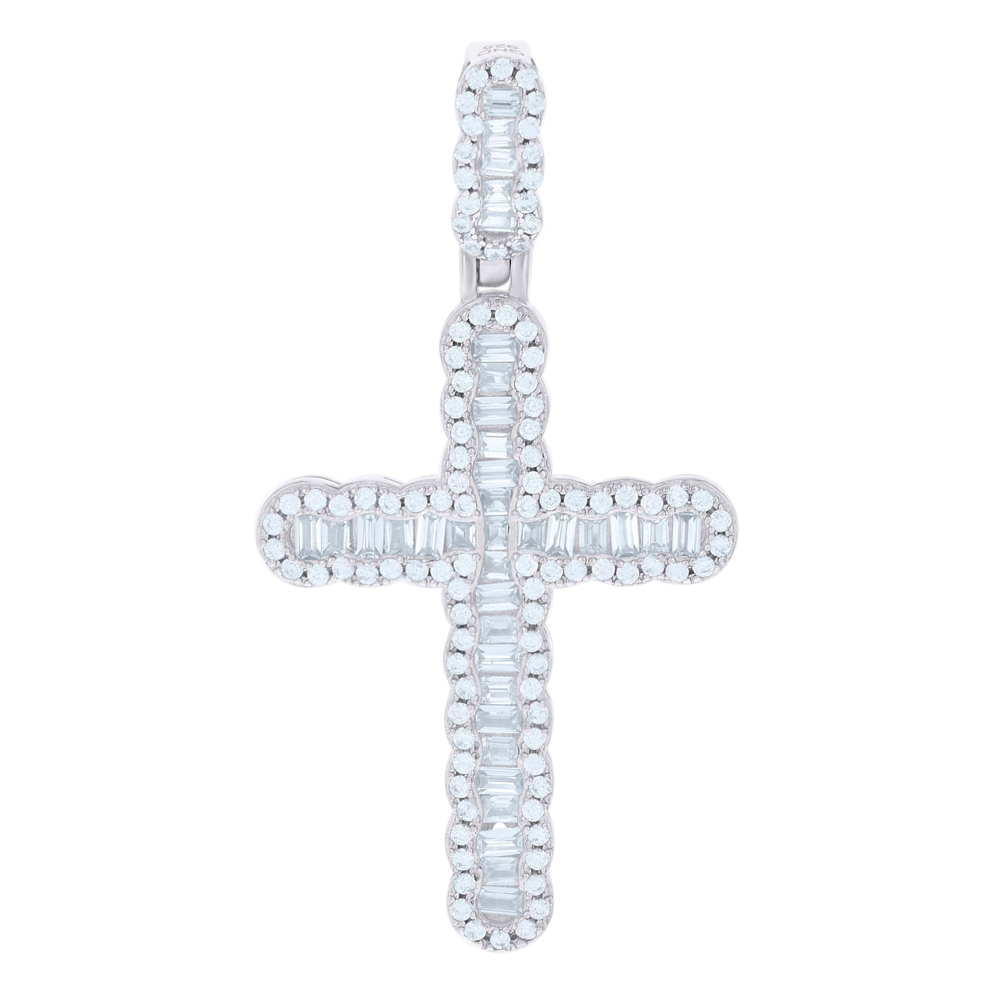 Sterling Silver Men Baguette Round Cubic-Zirconia Cross Religious Charm Pendant