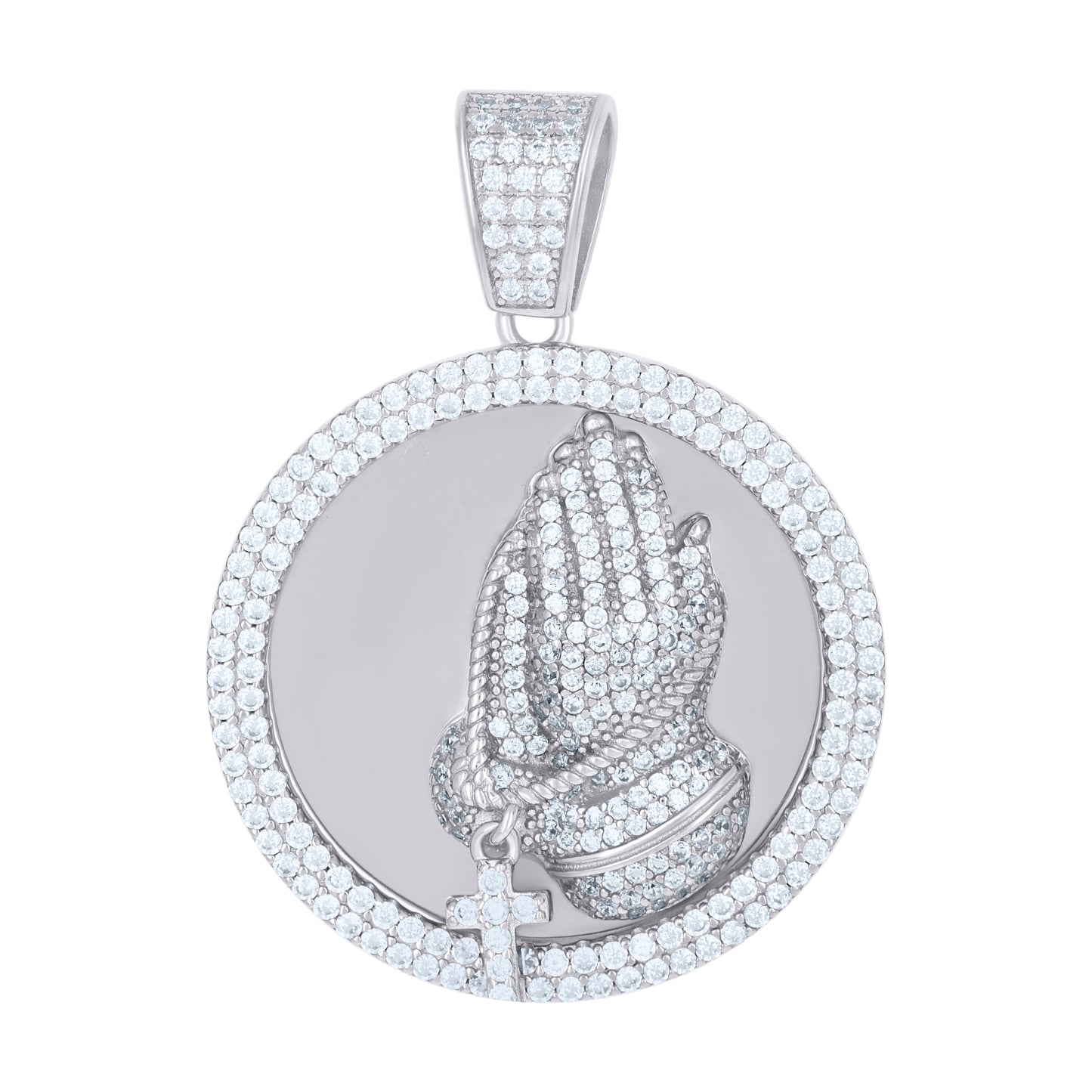 Sterling Silver Mens Cubic-Zirconia Medallion Praying Hands Symbol Religious Charm Pendant