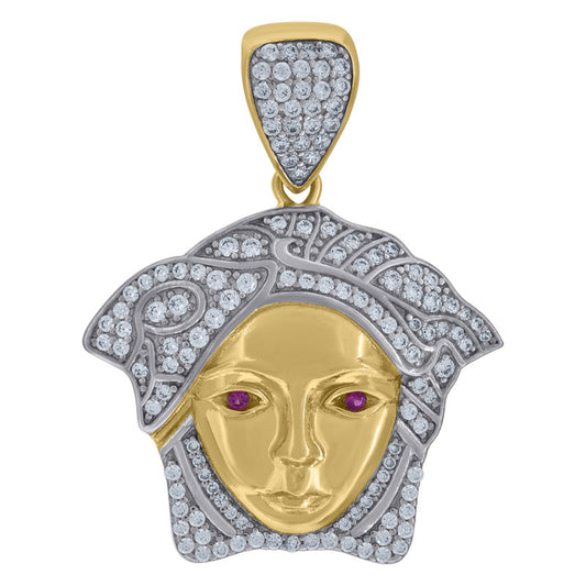 10kt Two-tone Gold Mens Purple White Cubic-Zirconia Medusa Egyptian Fashion Charm Pendant