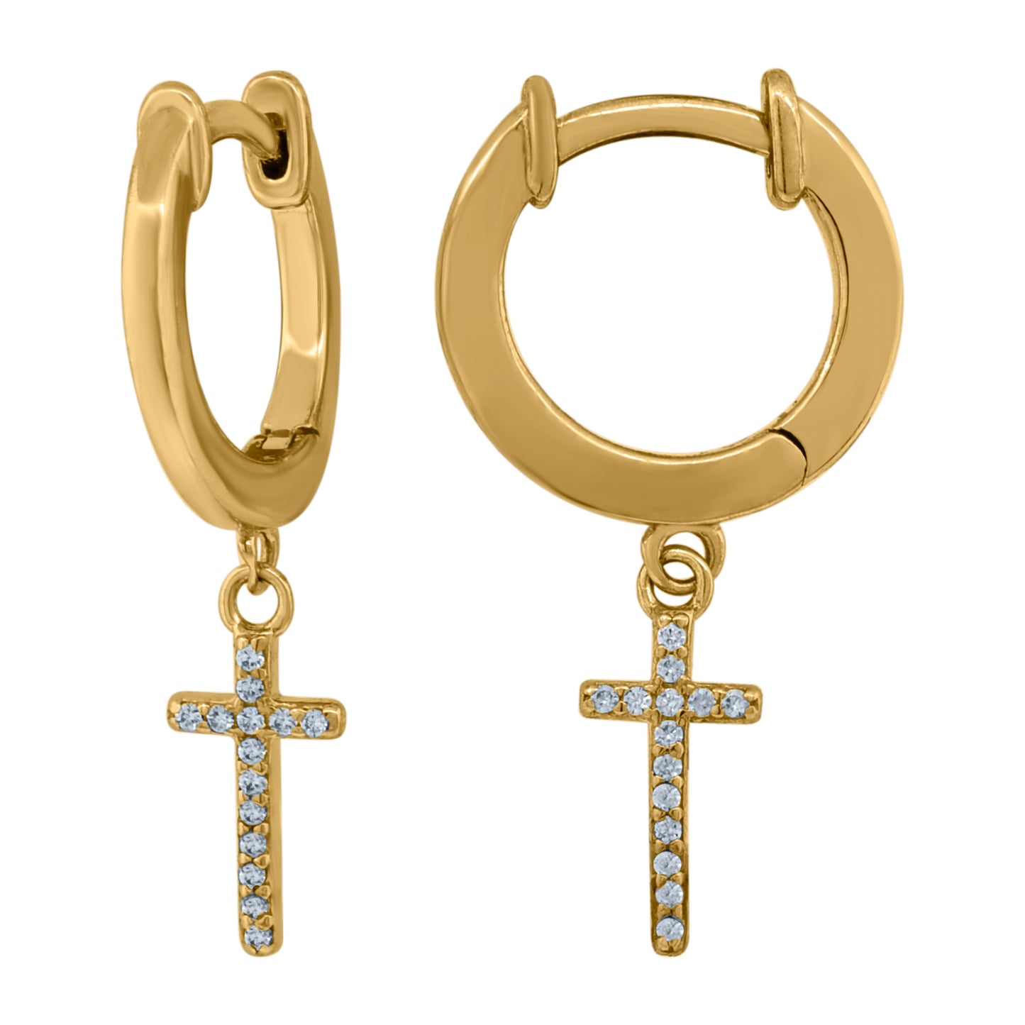 Sterling Silver Or Yellow-Tone Unisex Cubic-Zirconia Cross Religious Dangle Hoop Earrings