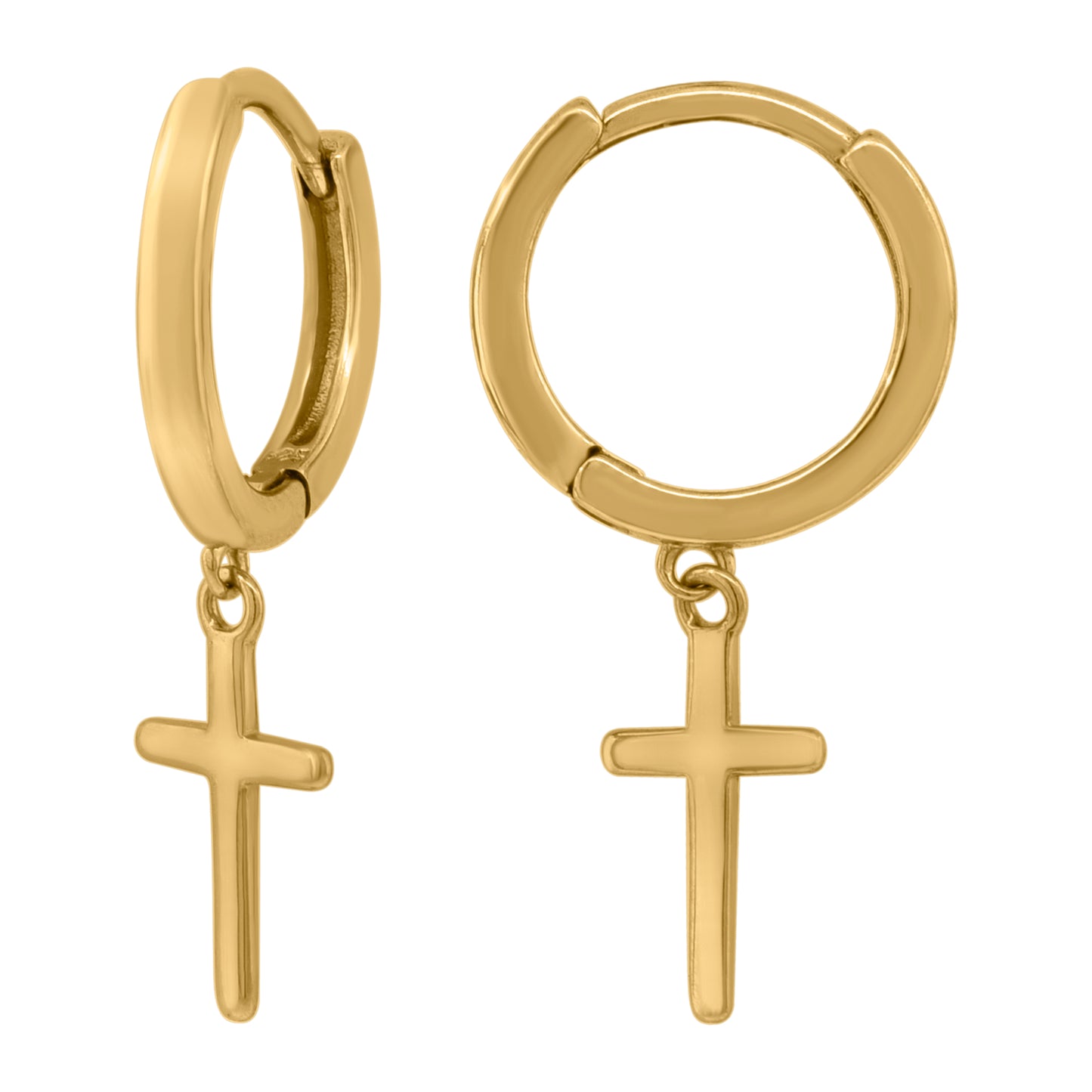 Sterling Silver Or Yellow-Tone Unisex Cross Religious Dangle Hoop Earrings