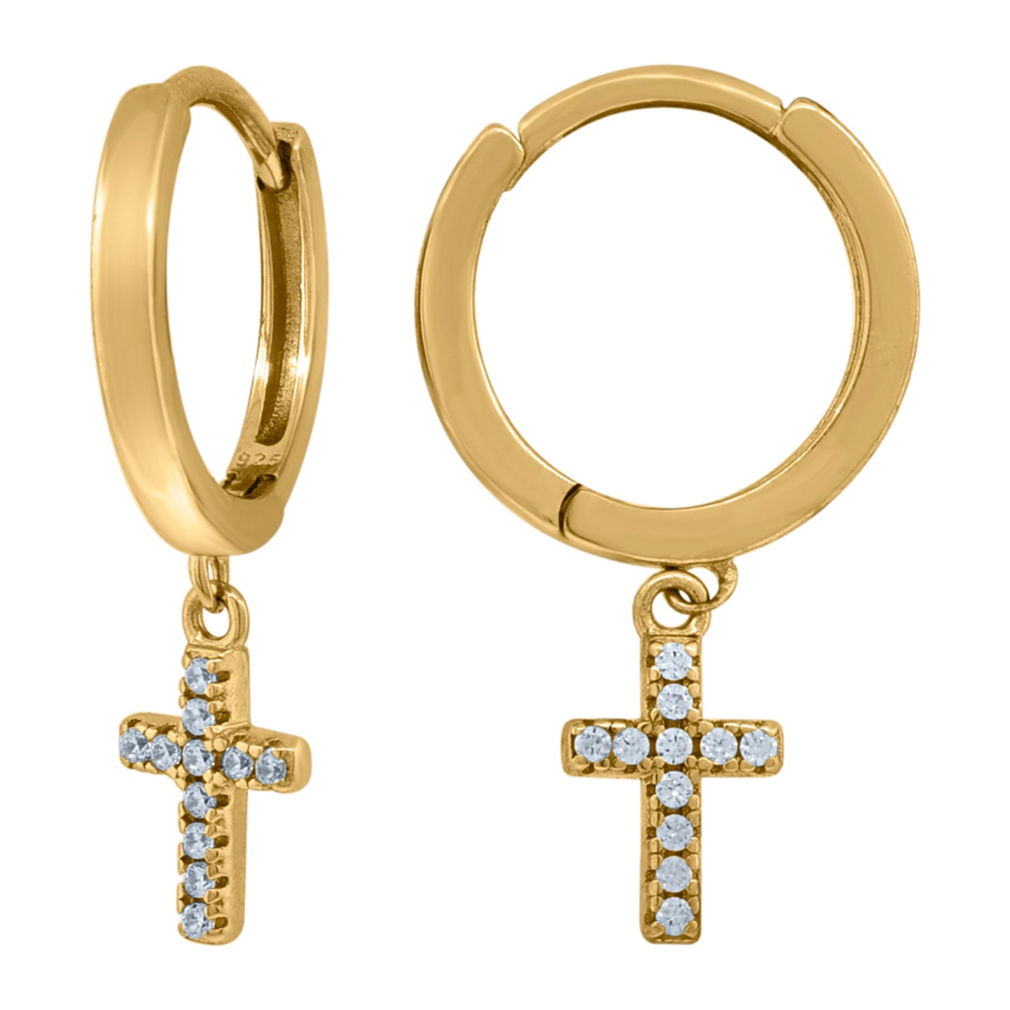 Sterling Silver Or Yellow-Tone Unisex Cubic-Zirconia Cross Religious Dangle Hoop Earrings