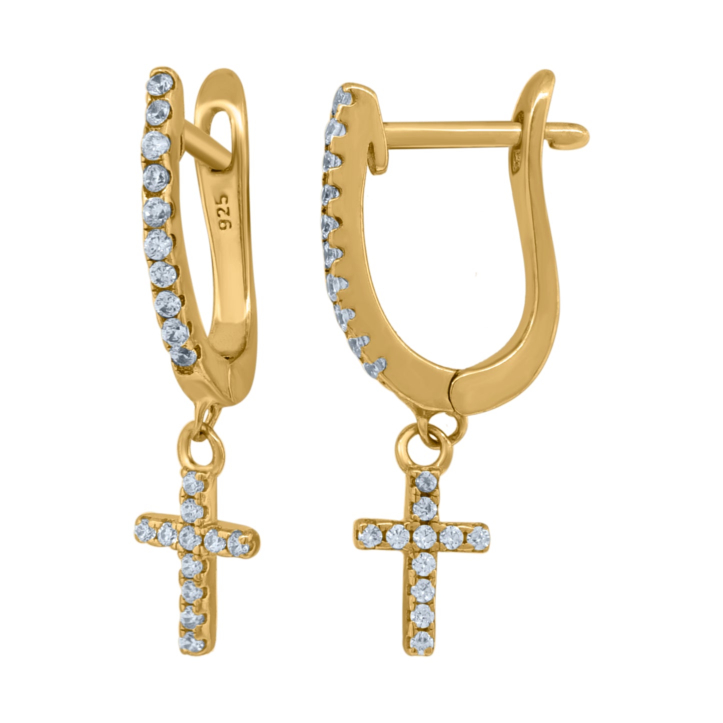 Sterling Silver Or Yellow-Tone Unisex Cubic-Zirconia Cross Religious Dangle Hoop Earrings