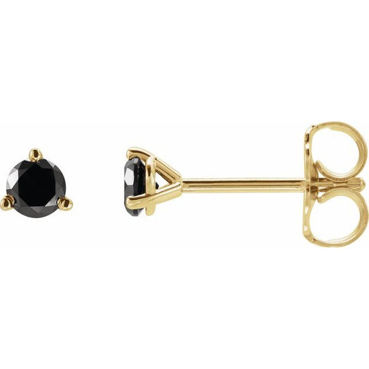 14K Yellow Gold Round 3Mm Opaque, Black Friction 3-Prong Polished 1/5 Ctw Natural Black Diamond Earrings