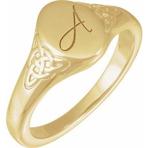 14K Yellow Gold Oval 9.87 X 6.28 Mm Brush Polished Celtic-Inspired Signet Ring Size 7