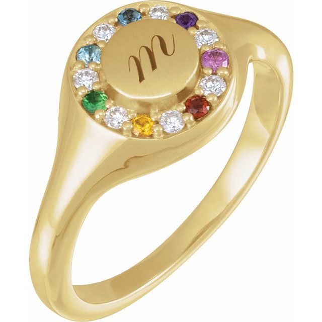 14K Yellow Gold Round 1.5 Mm Polished Natural Multi-Gemstone And 1/10 Ctw Natural Diamond Halo-Style Signet Ring, Size 7