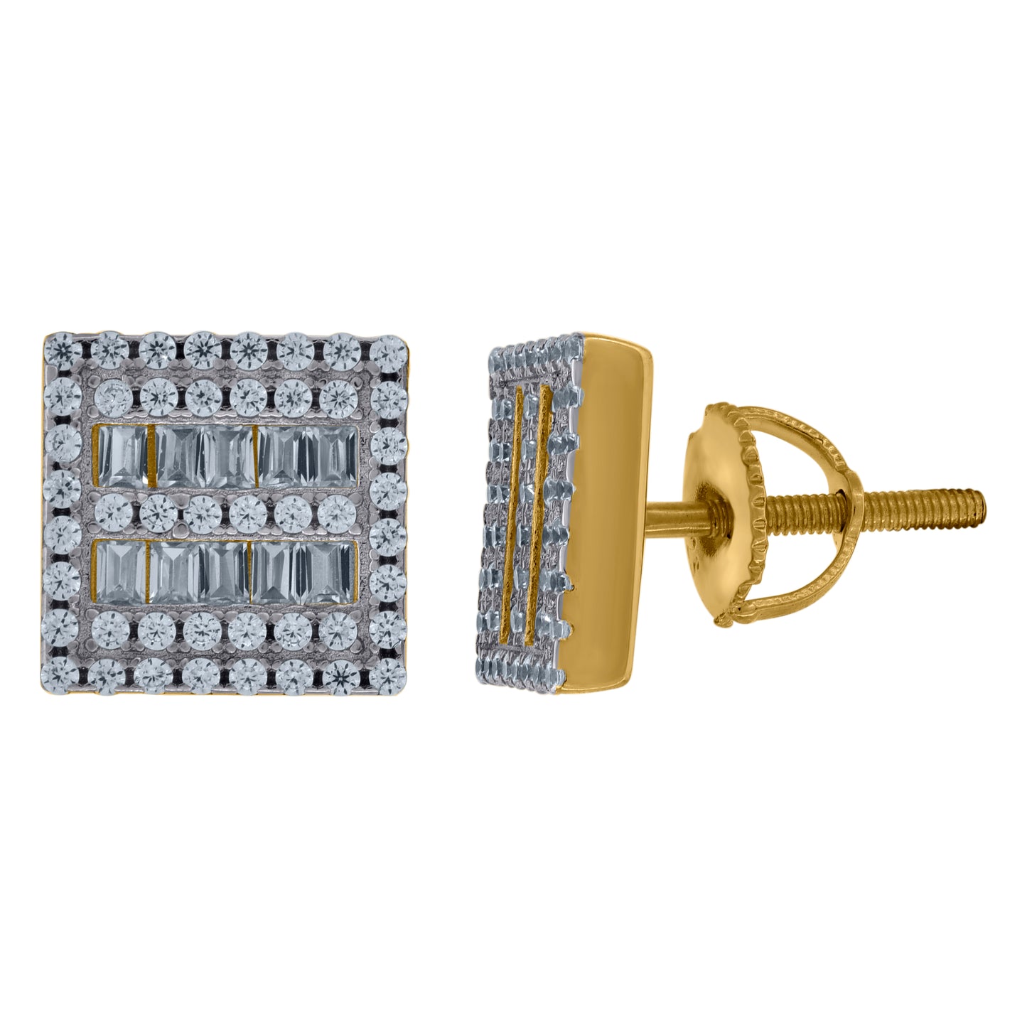 Sterling Silver Unisex Baguette Cubic-Zirconia Square Fashion Stud Earrings