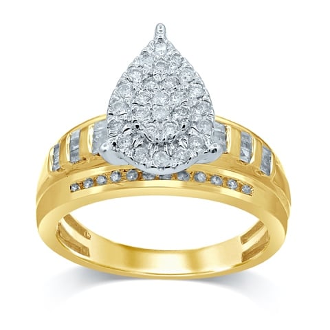 10K Yellow Gold 0.49- 0.55 Cttw Baguettes & Round Diamond Ladies Cindrella Pear Ring