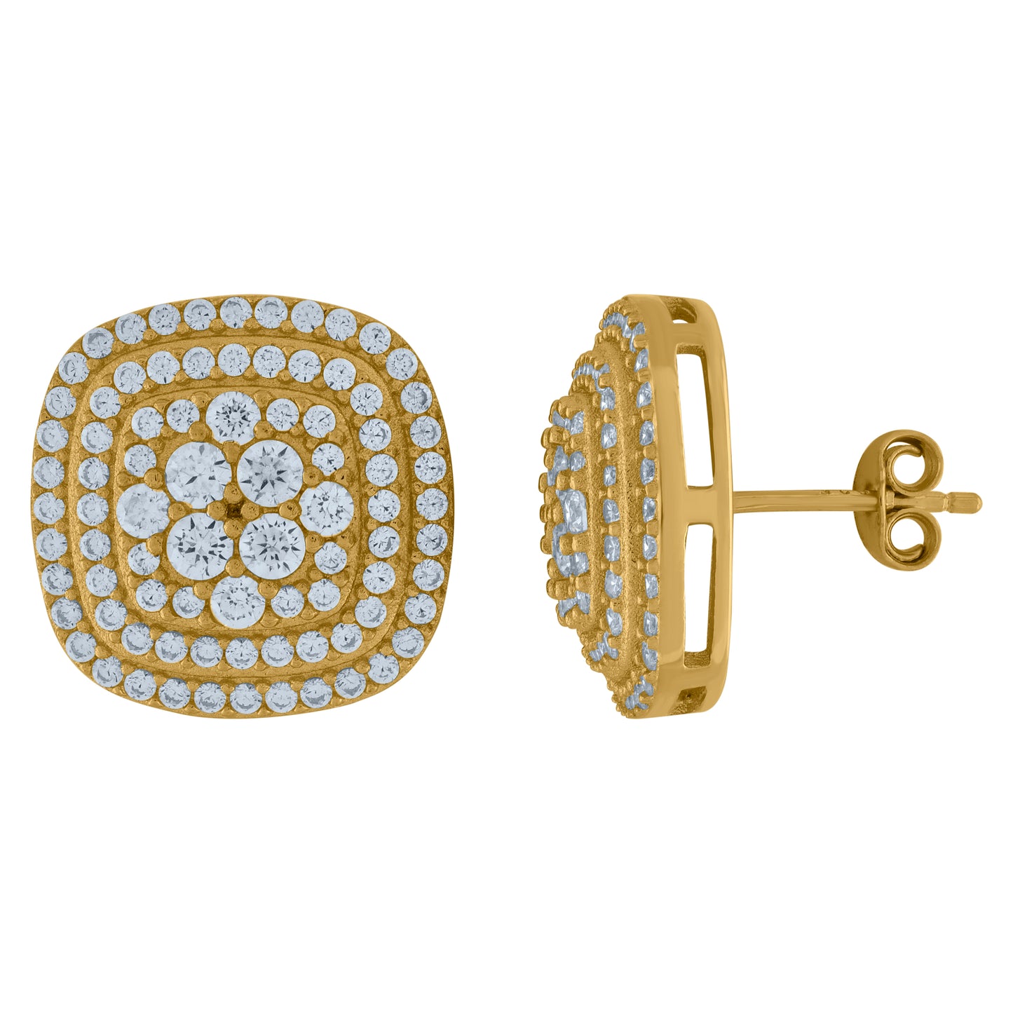 Sterling Silver Or Yellow-Tone Unisex Cubic-Zirconia Square Fashion Stud Earrings
