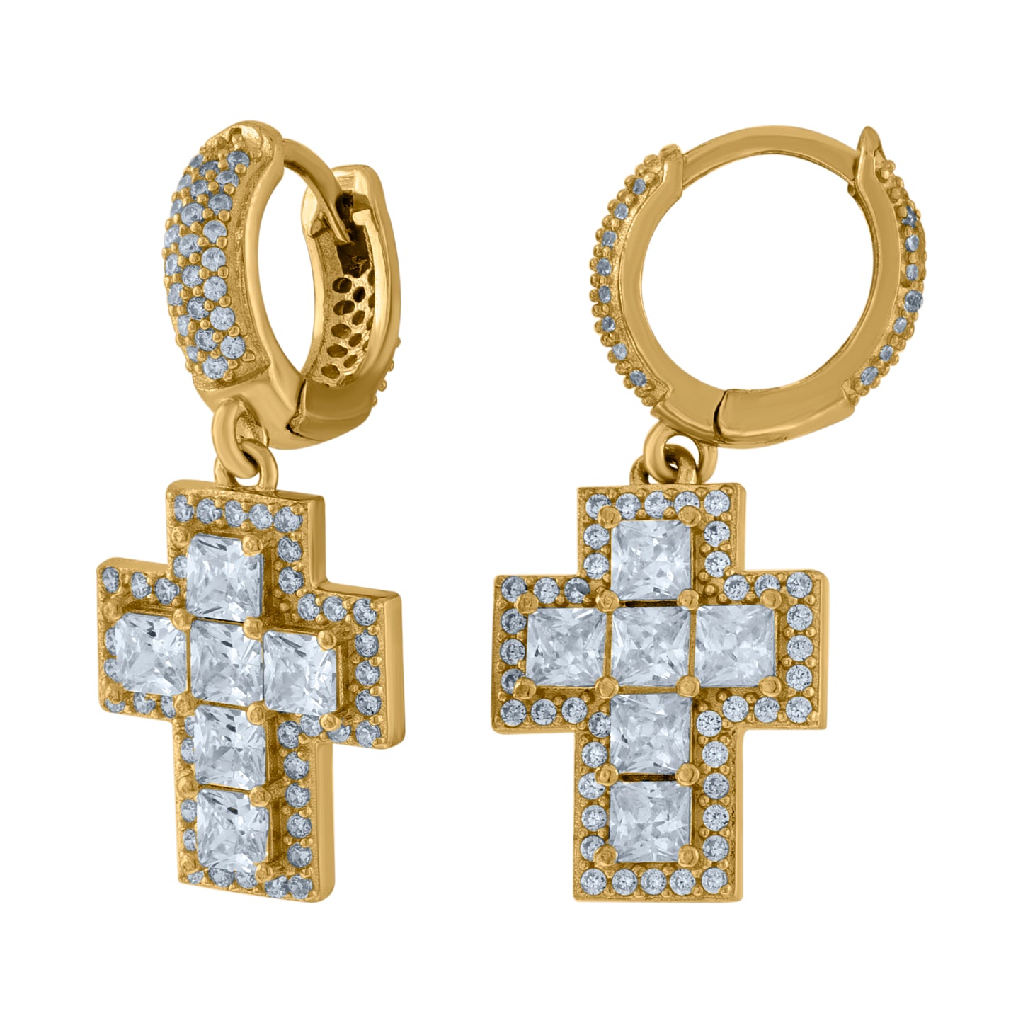 Sterling Silver Unisex Princess-Cut Cubic-Zirconia Cross Religious Dangle Hoop Earrings