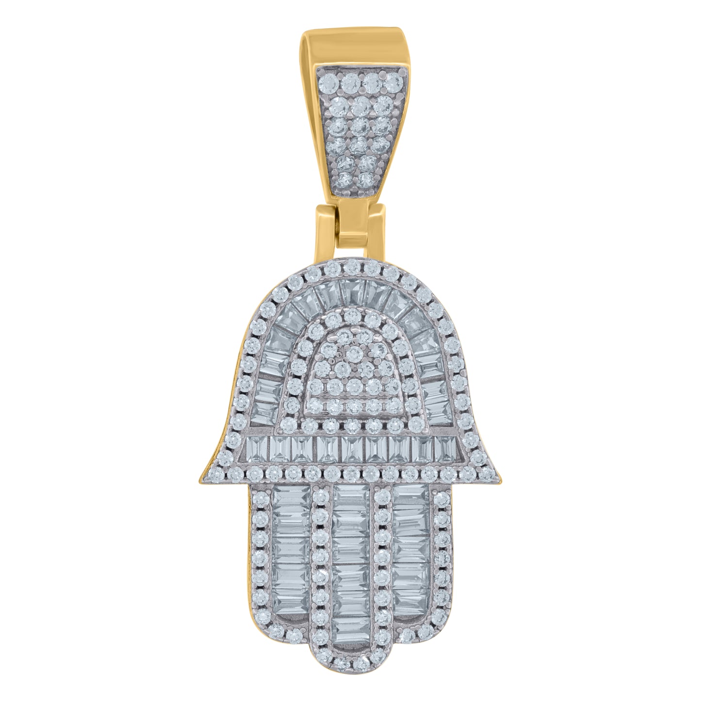 Sterling Silver Mens Baguette Round Cubic-Zirconia Hamsa Symbol Religious Charm Pendant