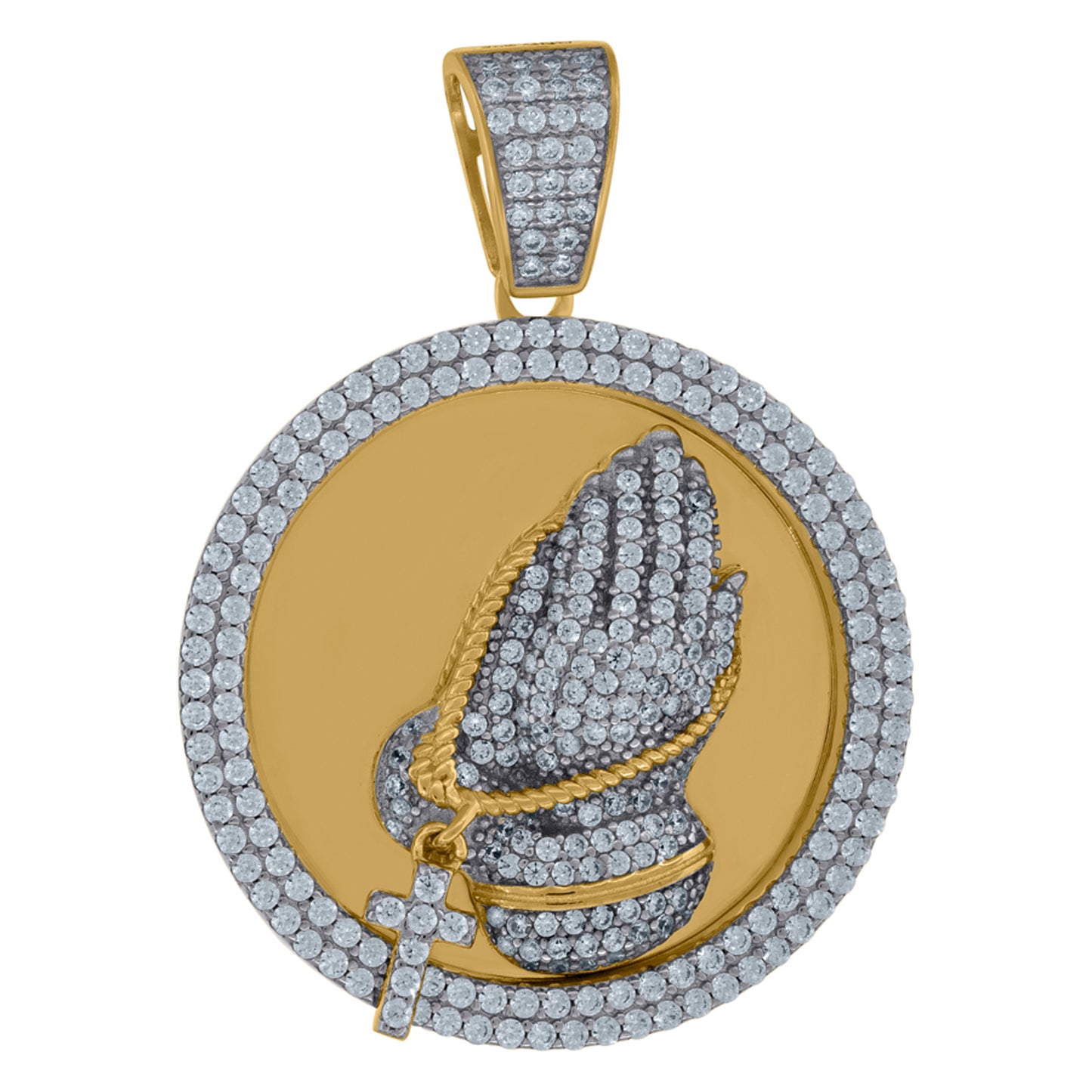 Sterling Silver Mens Cubic-Zirconia Medallion Praying Hands Symbol Religious Charm Pendant