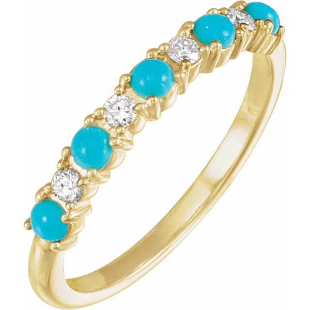 14K White Or Yellow Gold Round 2.5 Mm Polished Cabochon Natural Turquoise And 1/8 Ctw Natural Diamond Ring, Size 7