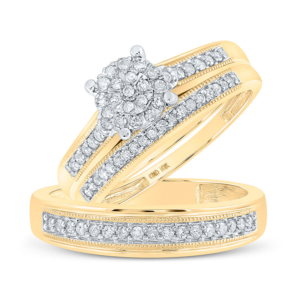 10K Yellow Gold His Hers Round Diamond Cluster Matching Wedding Set 3/8 Cttw, Womens Size: 5-10, Mens Size: 7-13