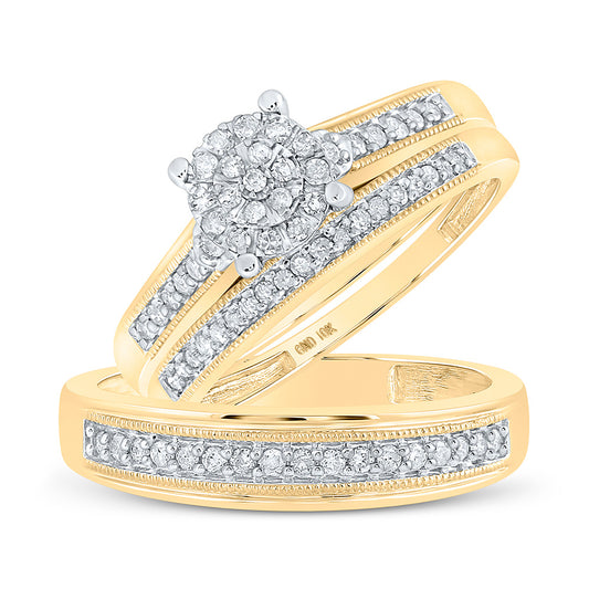 10K Yellow Gold His Hers Round Diamond Cluster Matching Wedding Set 3/8 Cttw, Womens Size: 5-10, Mens Size: 7-13