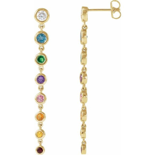 14K Yellow Or White Gold 3.8 Mm Round Friction Back Polished Natural Multi-Gemstone And 1/2 Ctw Natural Diamond Rainbow Bezel Drop Earrings