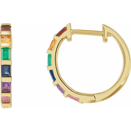 14K Yellow Or White Gold Straight Baguette 2.5 X 1.7 Mm Hinged Polished Natural Multi-Gemstone Hoop Earrings