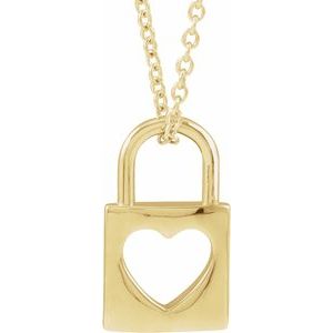 14K Yellow Gold 13.63 X 8.99 Mm 16-18 In Polished Heart Cutout Lock Necklace