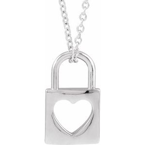 Sterling Silver 13.63 X 8.99 Mm 16-18 In Polished Heart Cutout Lock Necklace