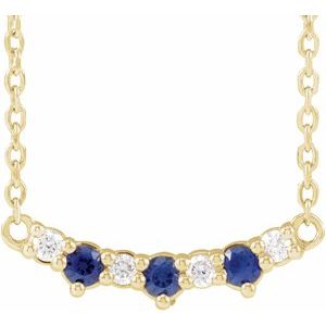 14K Yellow Gold Round 2 Mm I1, G-H Polished Lab-Grown Blue Sapphire And .05 Ctw Natural Diamond Three-Stone Bar 18" Necklace