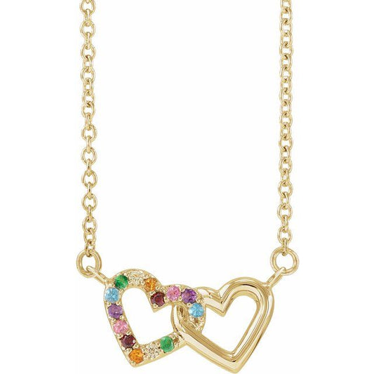 14K Yellow Gold Round 1 Mm 18 In Polished Natural Multi-Gemstone Double Interlocking Heart Necklace