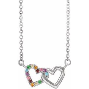 14K White Gold Round 1 Mm  Natural Multi-Gemstone Rainbow Double Interlocking Heart Necklace, Length: 18 In