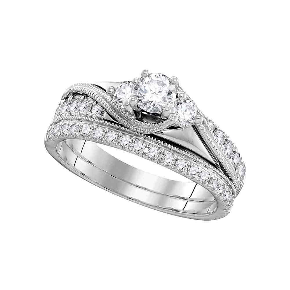 14K White Gold Round Diamond 3-Stone Bridal Wedding Ring Band Set 7/8 Cttw, Womens Size: 5-10
