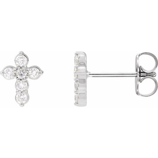 14K Yellow Or Rose Gold Or Platinum Gold 1.5 Mm Round Friction Back  Polished 1/6 Ctw Diamond Cross Earrings