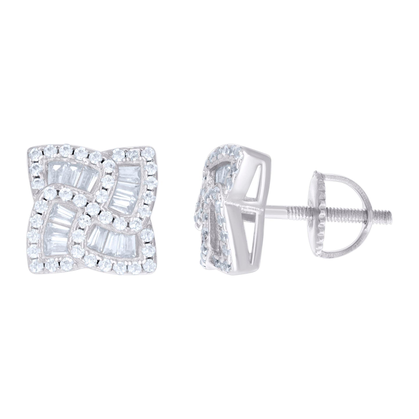 Sterling Silver Unisex Baguette Cubic-Zirconia Fashion Stud Earrings