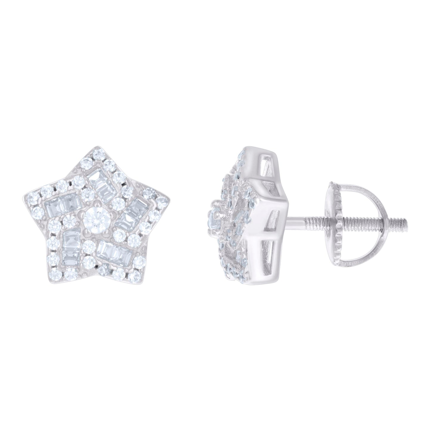 Sterling Silver Unisex Baguette Cubic-Zirconia Star Fashion Stud Earrings