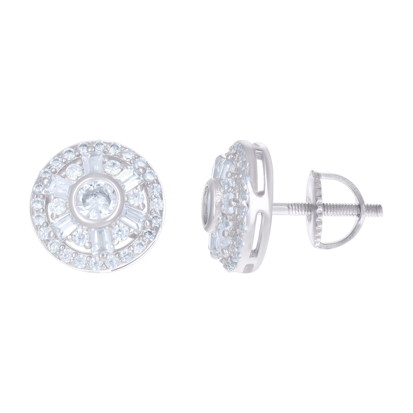 Sterling Silver Unisex Baguette Cubic-Zirconia Fashion Stud Earrings