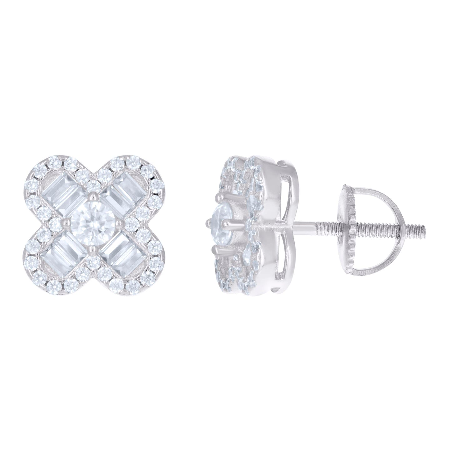 Sterling Silver Unisex Baguette Cubic-Zirconia Flower Fashion Stud Earrings