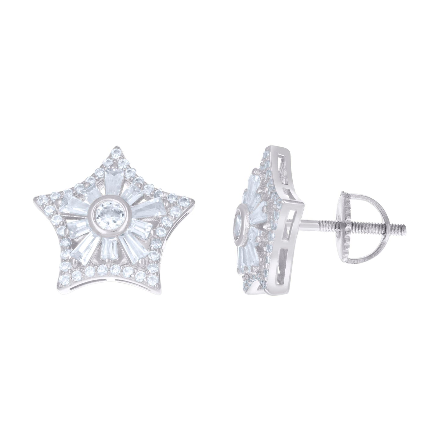 Sterling Silver Unisex Baguette Cubic-Zirconia Star Fashion Stud Earrings