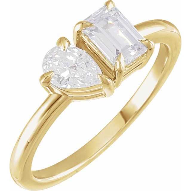 14K Yellow Gold Emerald 6 X 4 Mm Polished 1 Ctw Lab-Grown Diamond 2-Stone Ring, Size 7