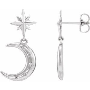 14K White Gold 24.83 X 11.47 Mm Pair Friction Backs Included Polished Crescent Moon Dangle Earrings