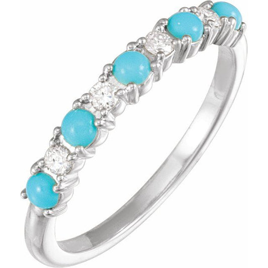 14K White Or Yellow Gold Round 2.5 Mm Polished Cabochon Natural Turquoise And 1/8 Ctw Natural Diamond Ring, Size 7