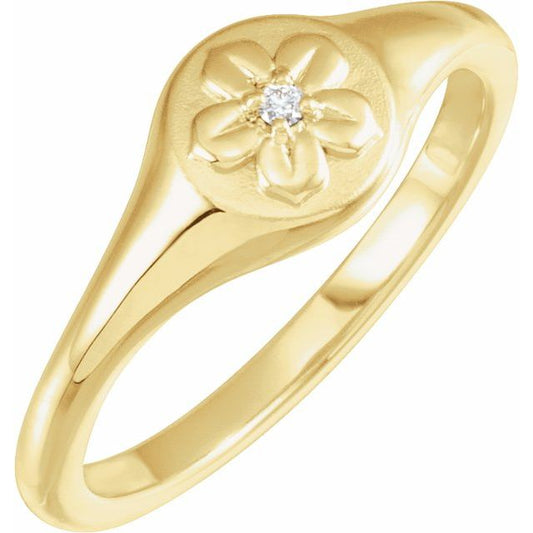 14K Yellow Gold Round 1.5 Mm Polished .015 Ct Natural Diamond Accented Flower Ring, Size 7