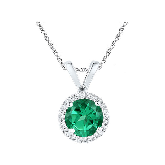 10k White Gold Womens Synthetic Emerald Solitaire & Diamond Halo Pendant 7/8 Cttw, Width: 0.31 In