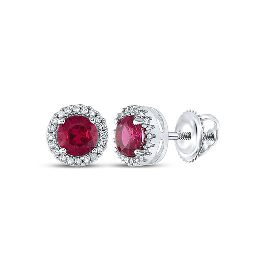 10K White Gold Womens Round Synthetic Ruby Diamond Stud Earrings 1-1/3 Cttw, Length: 0.28 In, Width: 0.28 In