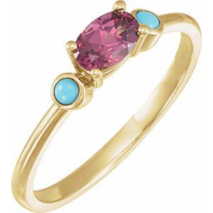 14K Yellow Gold 6x4 mm Natural Rhodolite Garnet & Natural Turquoise Ring Size 7